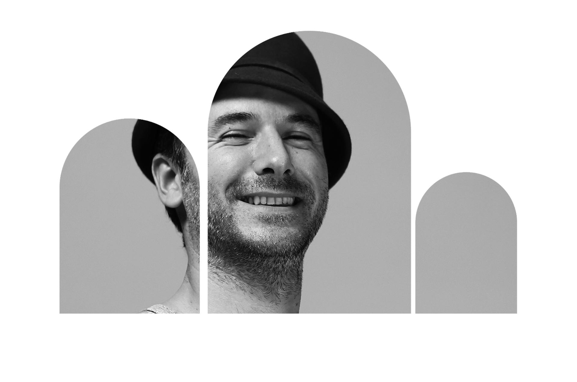 Portrait de Jerome Barrier. Son visage dans ses 3 arches. Designer sur-mesure Vertou-Nantes-Loire atlantique