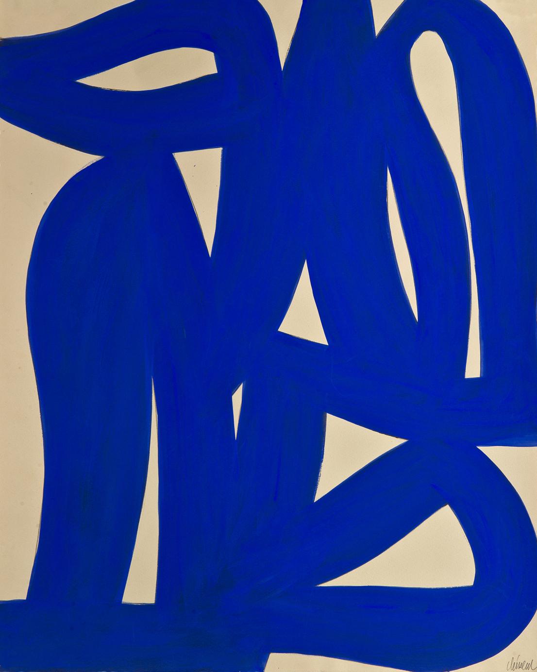 Un rythme de lignes bleues peintes sur une toile par l'artiste Alain Clément.
