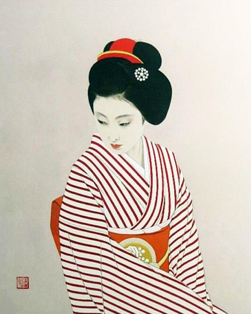 Estampe Japonnaise de Tatsumi Shimura. Une femme porte un kimono avec des lignes rouges et blanches très graphiques.