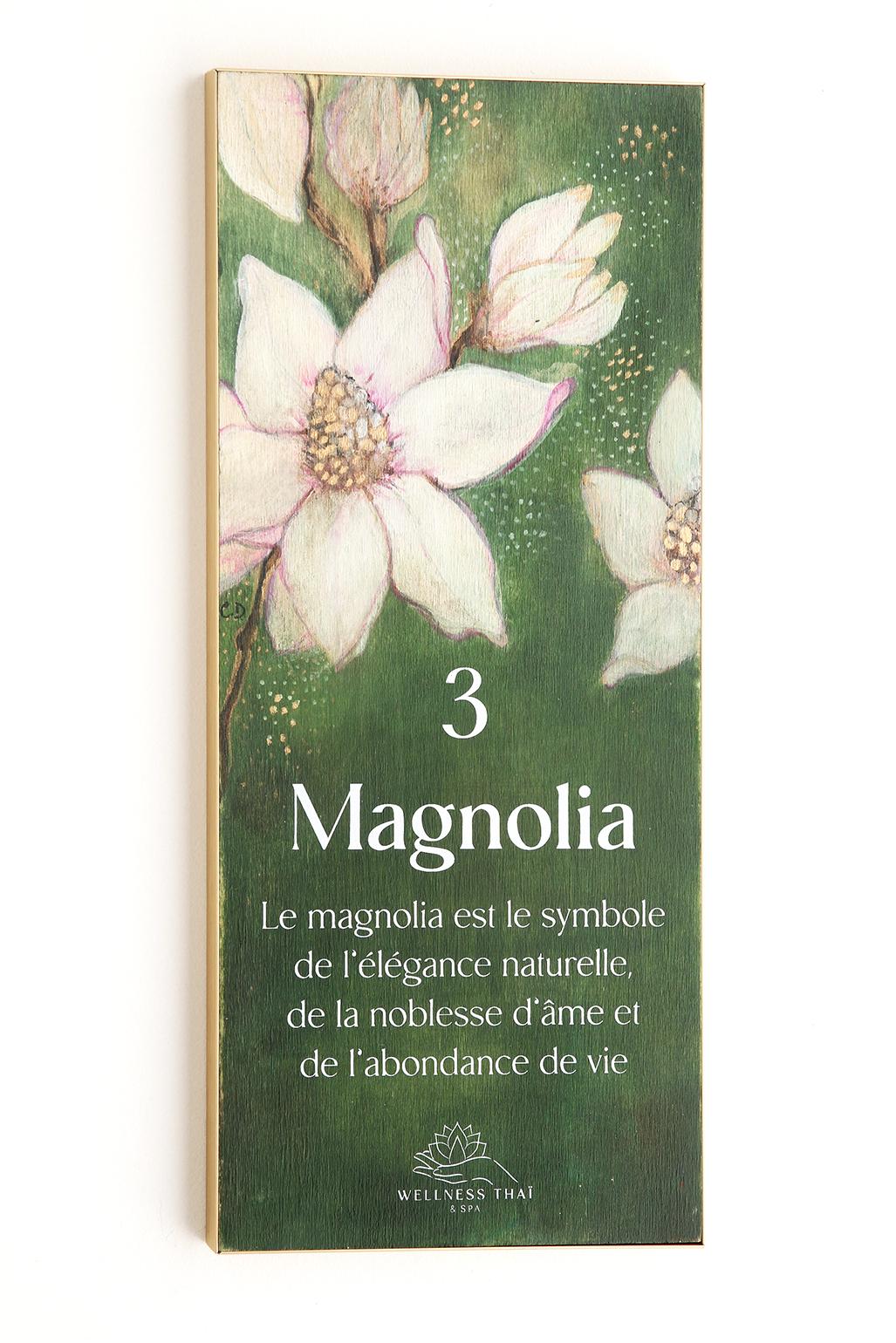 Signalétique du Wellness Thaï & Spa imaginé par Jérôme Barrier. 12 peintures originales peintes par l'artiste Céline Delaire et sérigraphiées par l'Atelier Parades. Cabine 3 Magnolia.