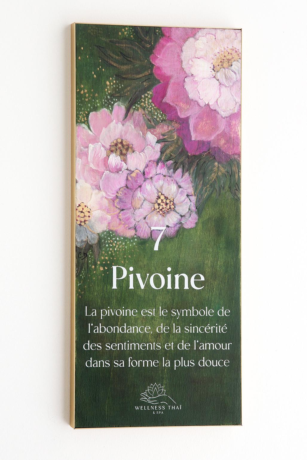 Signalétique du Wellness Thaï & Spa imaginé par Jérôme Barrier. 12 peintures originales peintes par l'artiste Céline Delaire et sérigraphiées par l'Atelier Parades. Cabine 7 Pivoine