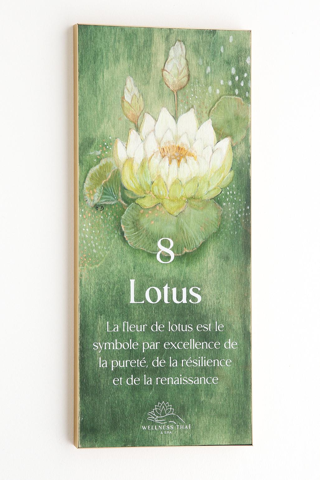 Signalétique du Wellness Thaï & Spa imaginé par Jérôme Barrier. 12 peintures originales peintes par l'artiste Céline Delaire et sérigraphiées par l'Atelier Parades. Cabine 8 Lotus