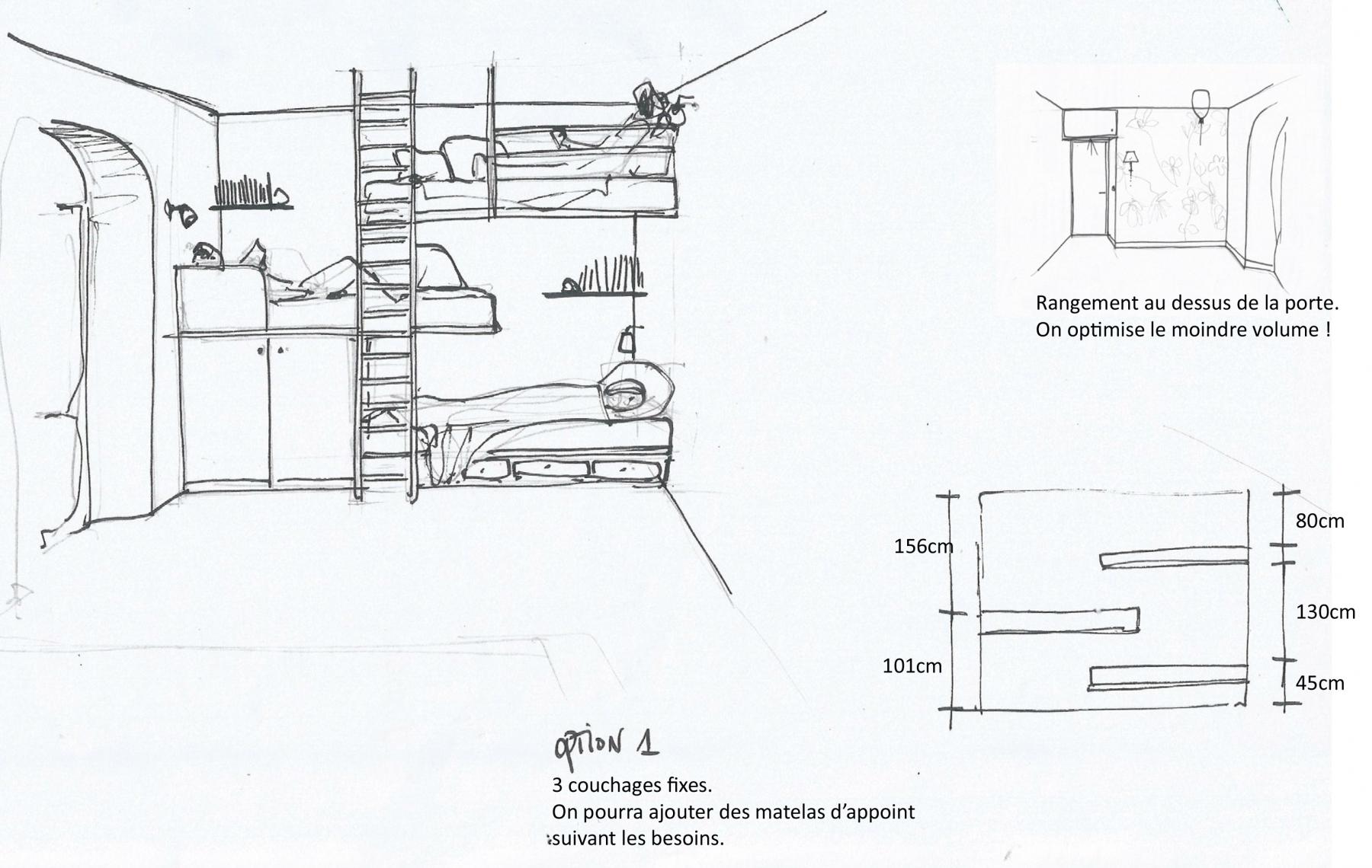 Dessin à main levée de la chambre des enfants. Avec 3 lits superposés. Projet-Tharon-plage-maison-de-vacances-jerome-barrier