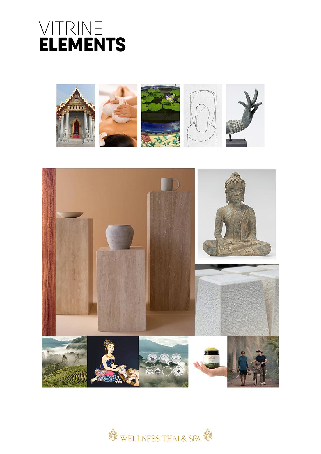 Réalisation d'un moodboard pour Wellness Thaï & Spa. Ici Jérôme Barrier défini des éléments de vitrine.