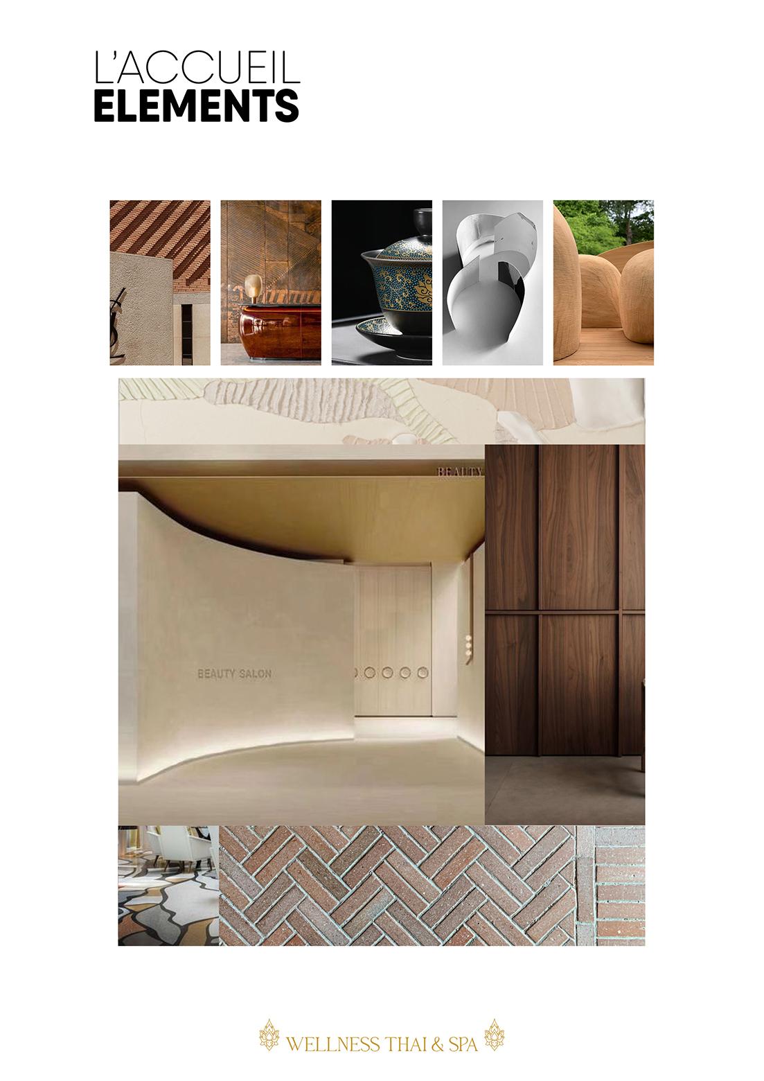 Réalisation d'un moodboard pour Wellness Thaï & Spa. Ici Jérôme Barrier défini des éléments de l'accueil.
